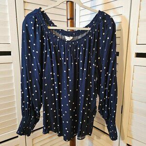 Terra & Sky Plus Size 1X 16W-18W, Navy Blue/White Polka Dots Blouse, Long Sleeve